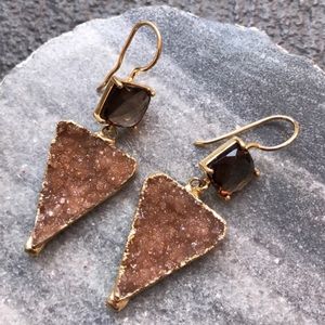 Smokey Quartz and Druzy gold plated wire back Earrings
